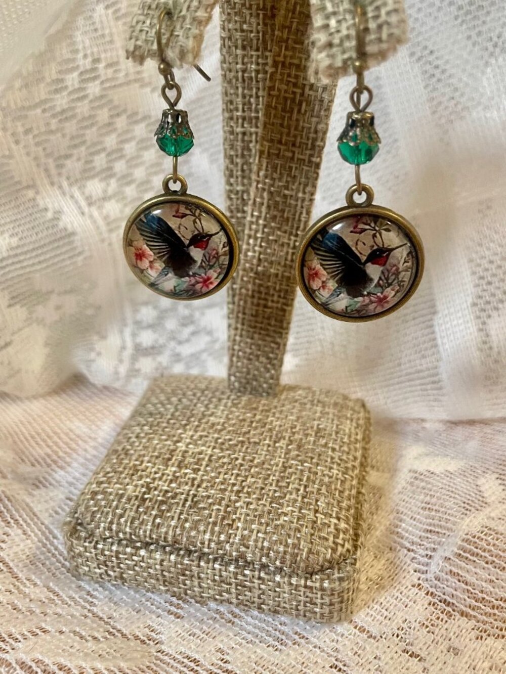 Hummingbird Glass Cabochon Drop Earrings